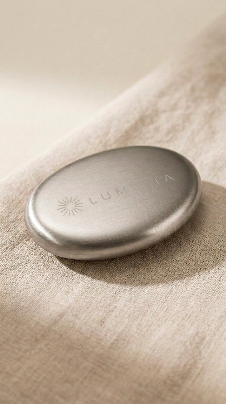 Savon d'inox Lumivia posé sur une coupelle en céramique